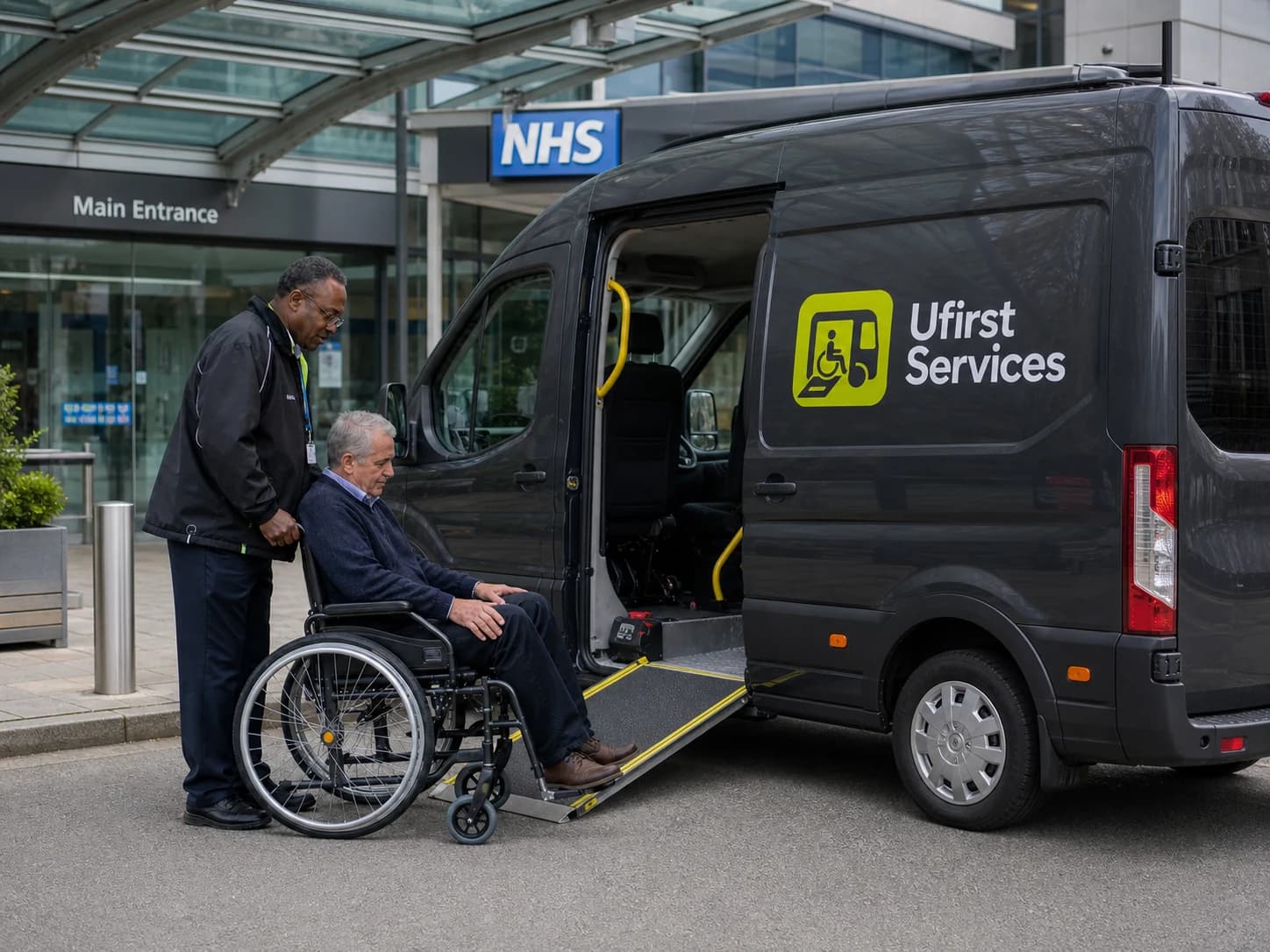 NHS Patient Transport Services - a Ufirst vehicle and crew delivering the service