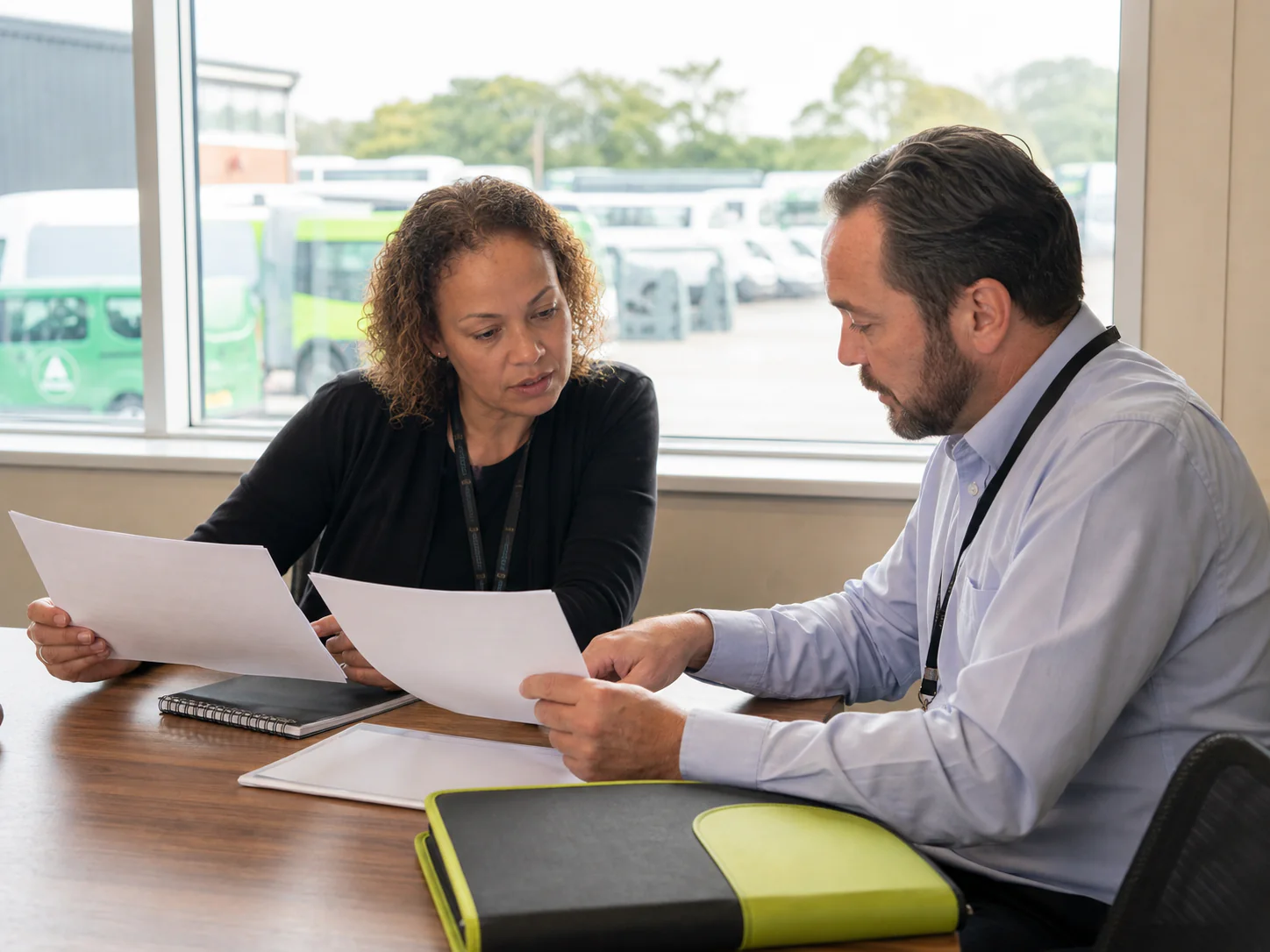 A Ufirst operations manager reviewing route documentation with a commissioner