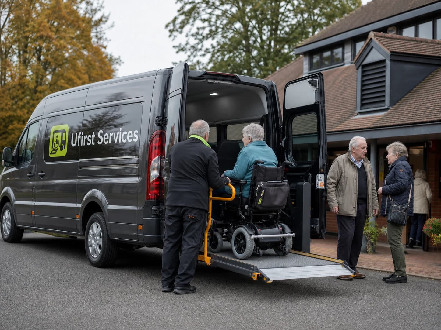 A Ufirst driver in branded uniform helping a passenger board an accessible vehicle