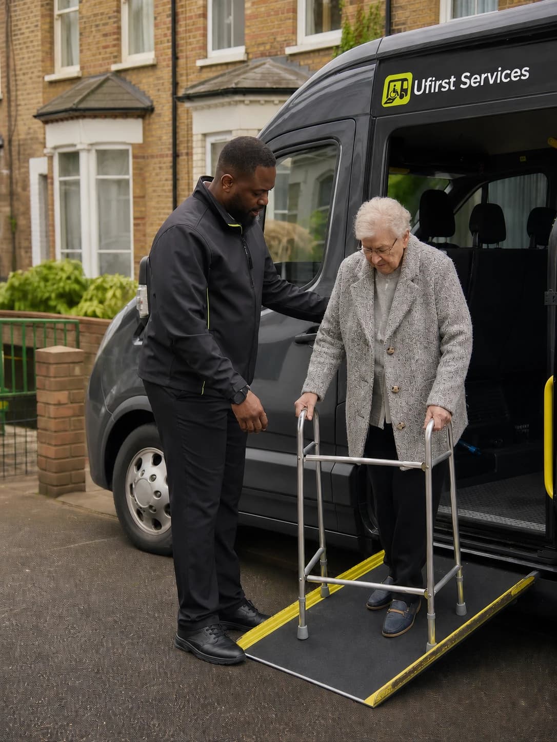 A Ufirst driver walking beside an older passenger, steadying their arm on the way back to the front door
