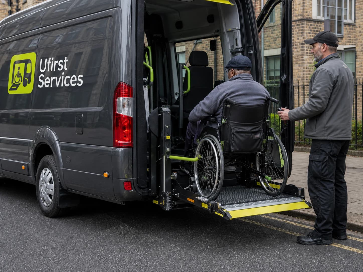 Close-up of a powered tail lift raising a passenger in a wheelchair into a Ufirst vehicle